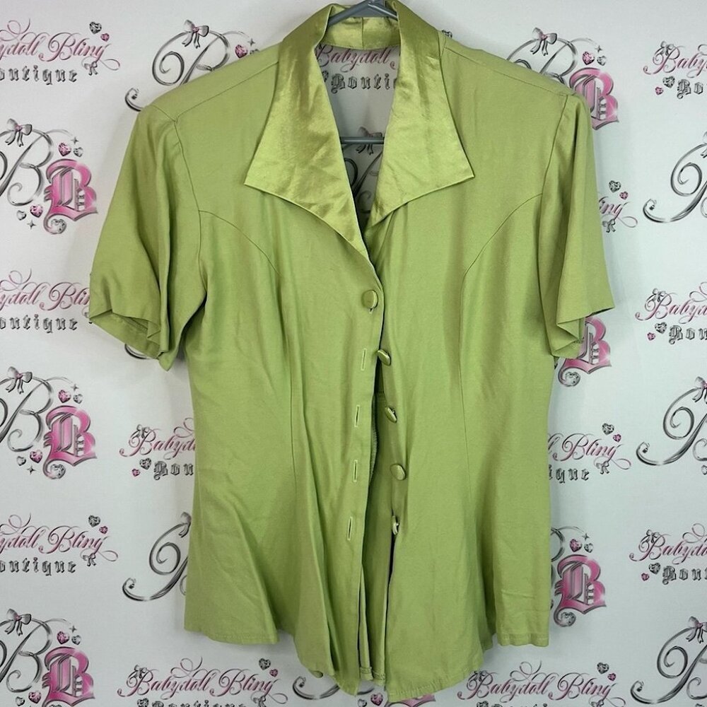 Cartise button up vintage retro shiny Elegant Sage Green Satin Collar Blouse